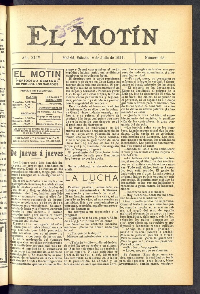 Miniatura de El Motín : periódico satírico semanal  del 12 de julio de 1924, nº 28