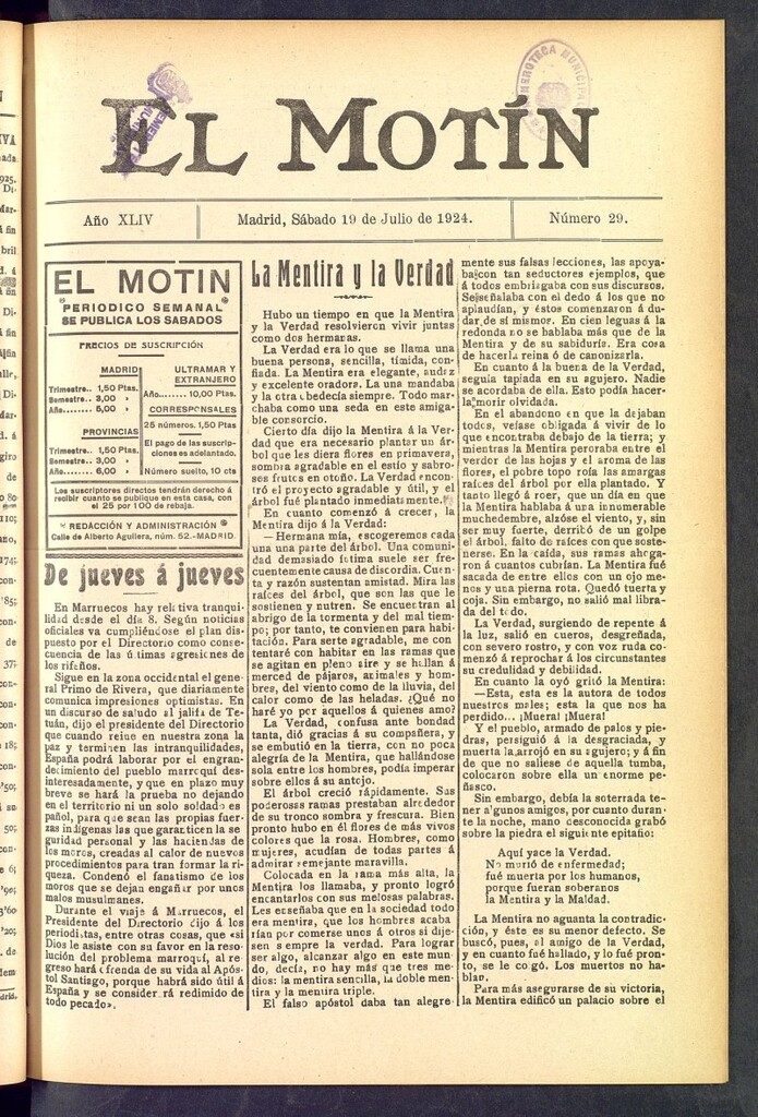 Miniatura de El Motín : periódico satírico semanal  del 19 de julio de 1924, nº 29
