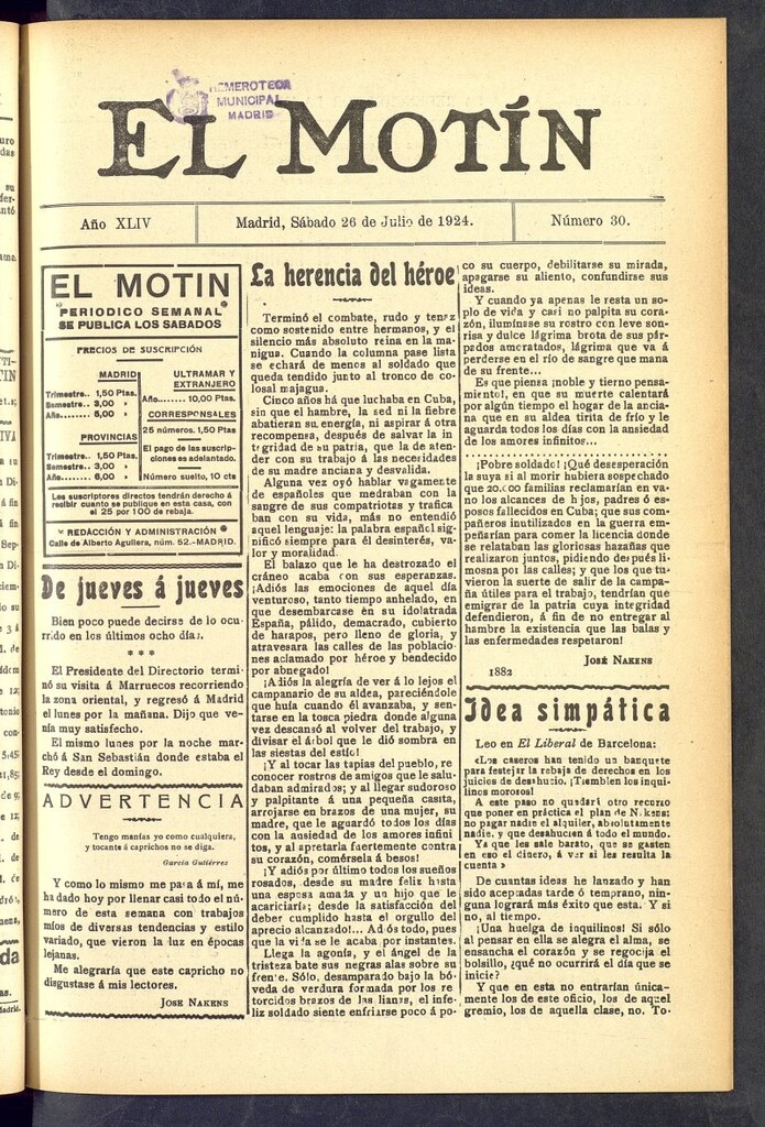 Miniatura de El Motín : periódico satírico semanal  del 26 de julio de 1924, nº 30