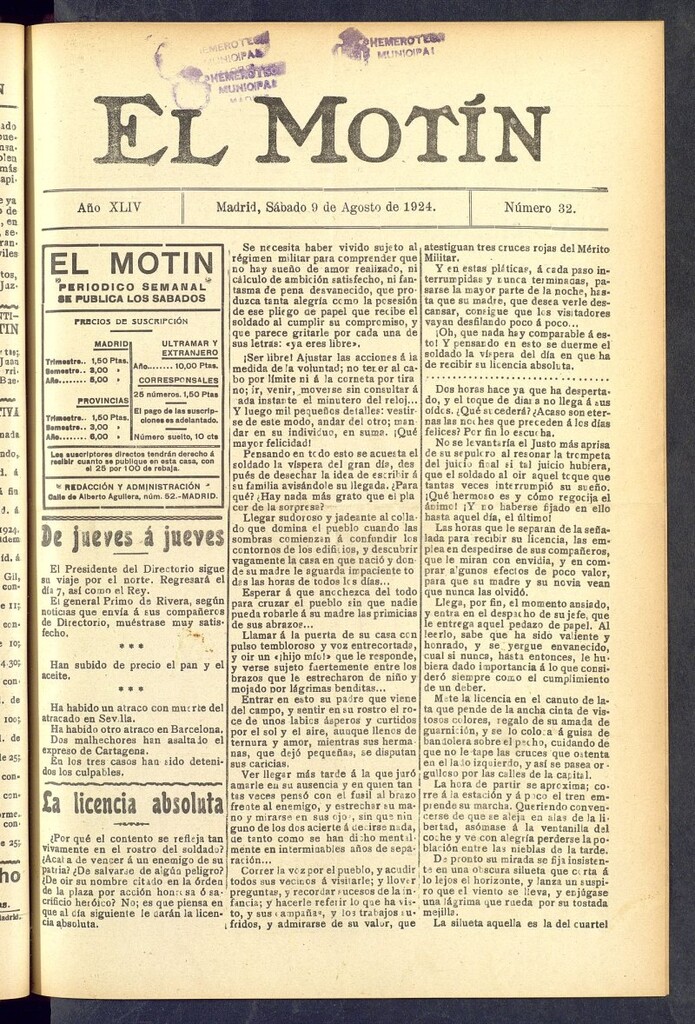 Miniatura de El Motín : periódico satírico semanal  del 9 de agosto de 1924, nº 32