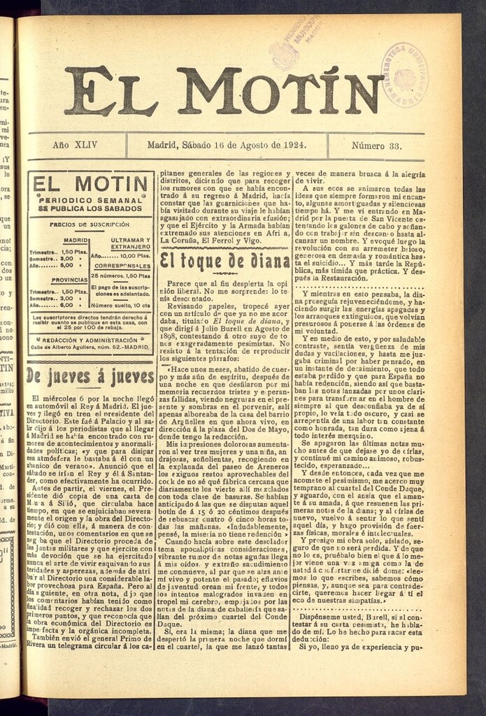 Miniatura de El Motín : periódico satírico semanal  del 16 de agosto de 1924, nº 33