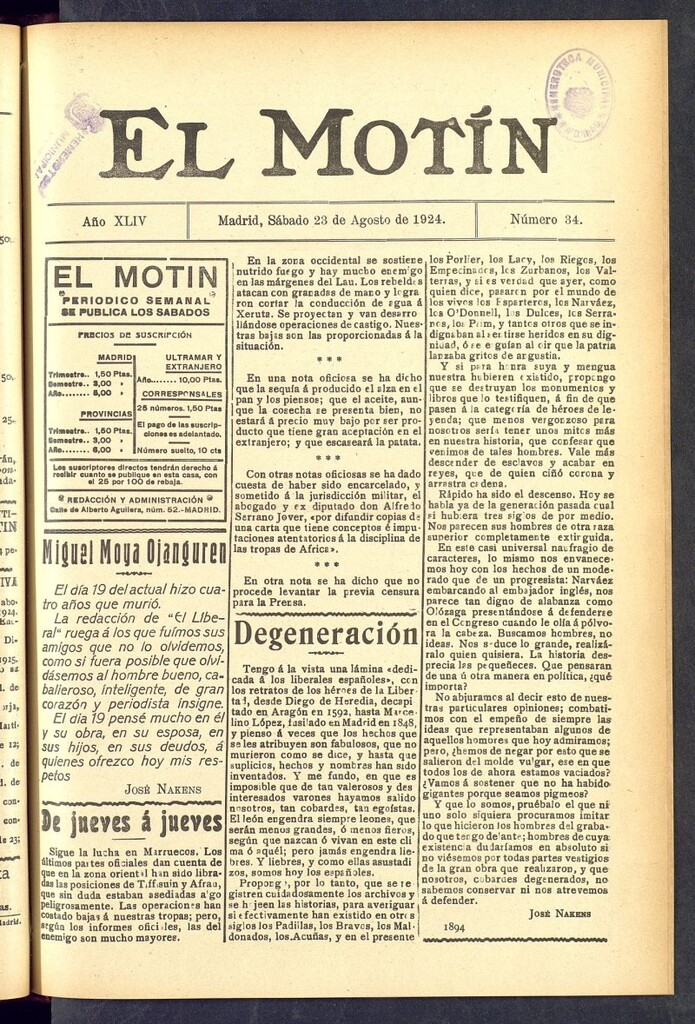 Miniatura de El Motín : periódico satírico semanal  del 23 de agosto de 1924, nº 34