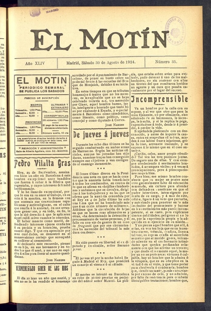 Miniatura de El Motín : periódico satírico semanal  del 30 de agosto de 1924, nº 35