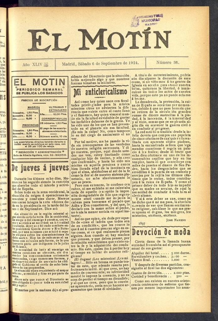 Miniatura de El Motín : periódico satírico semanal  del 6 de septiembre de 1924, nº 36