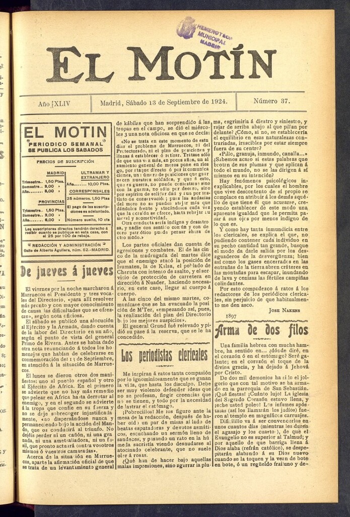 Miniatura de El Motín : periódico satírico semanal  del 13 de septiembre de 1924, nº 37