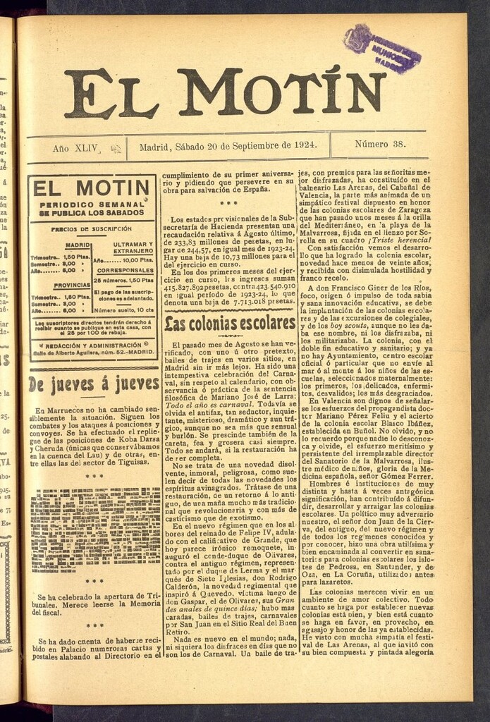 Miniatura de El Motín : periódico satírico semanal  del 20 de septiembre de 1924, nº 38