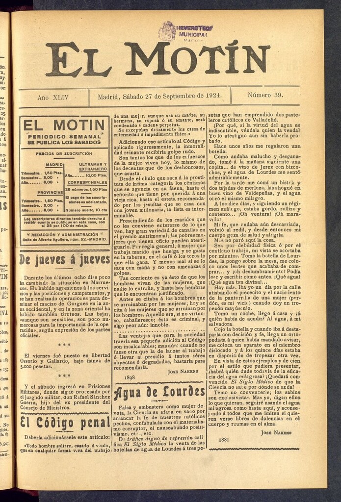 Miniatura de El Motín : periódico satírico semanal  del 27 de septiembre de 1924, nº 39