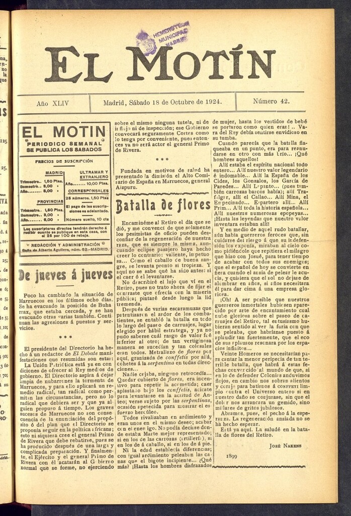 Miniatura de El Motín : periódico satírico semanal  del 18 de octubre de 1924, nº 42