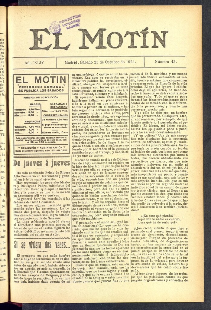 Miniatura de El Motín : periódico satírico semanal  del 25 de octubre de 1924, nº 43