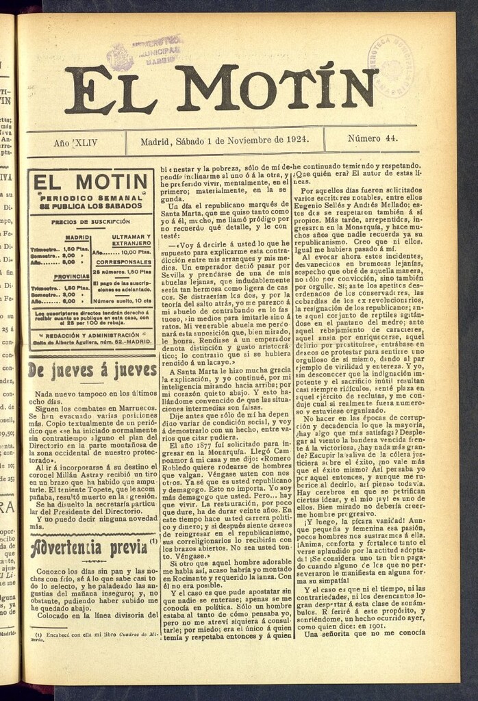 Miniatura de El Motín : periódico satírico semanal  del 1 de noviembre de 1924, nº 44