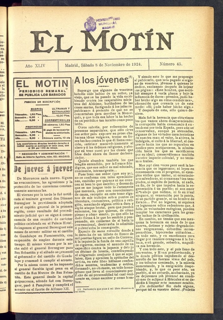 Miniatura de El Motín : periódico satírico semanal  del 8 de noviembre de 1924, nº 45