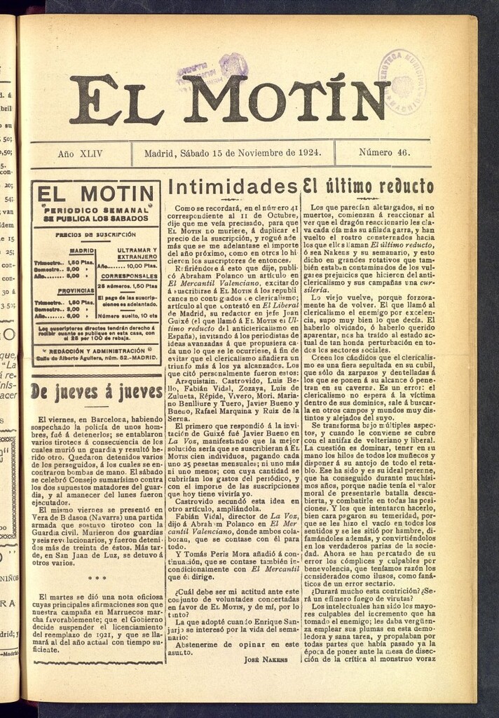 Miniatura de El Motín : periódico satírico semanal  del 15 de noviembre de 1924, nº 46