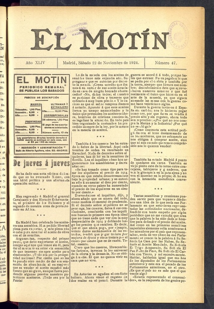 Miniatura de El Motín : periódico satírico semanal  del 22 de noviembre de 1924, nº 47