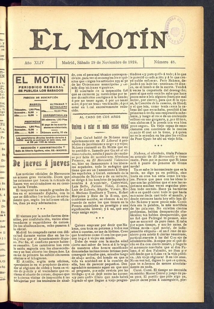 Miniatura de El Motín : periódico satírico semanal  del 29 de noviembre de 1924, nº 48