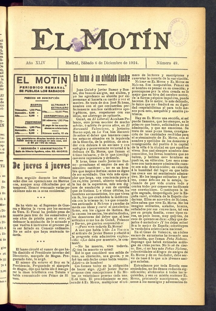 Miniatura de El Motín : periódico satírico semanal  del 6 de diciembre de 1924, nº 49
