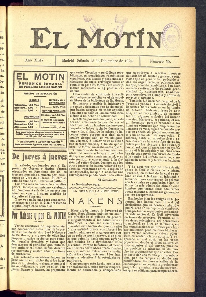 Miniatura de El Motín : periódico satírico semanal  del 13 de diciembre de 1924, nº 50