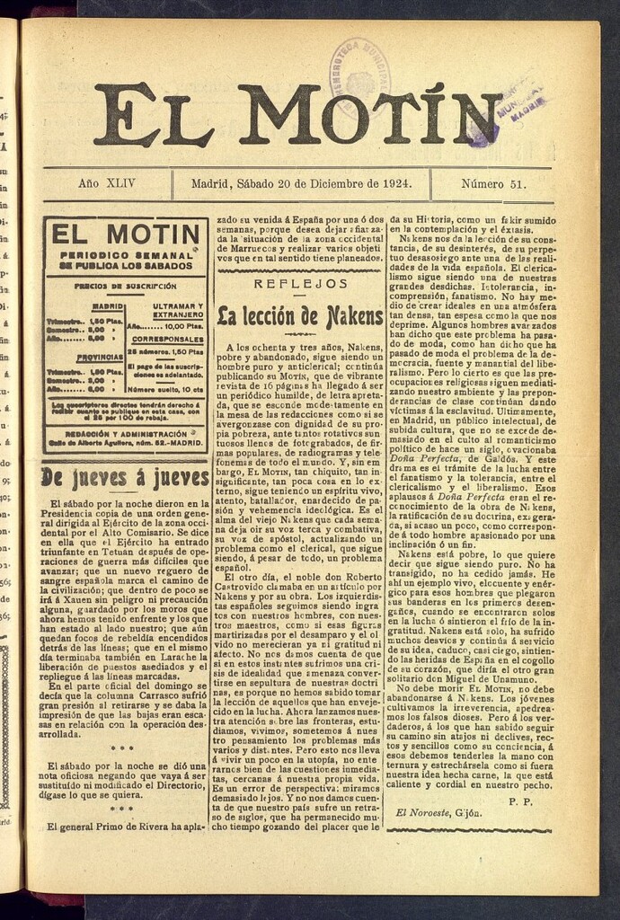 Miniatura de El Motín : periódico satírico semanal  del 20 de diciembre de 1924, nº 51