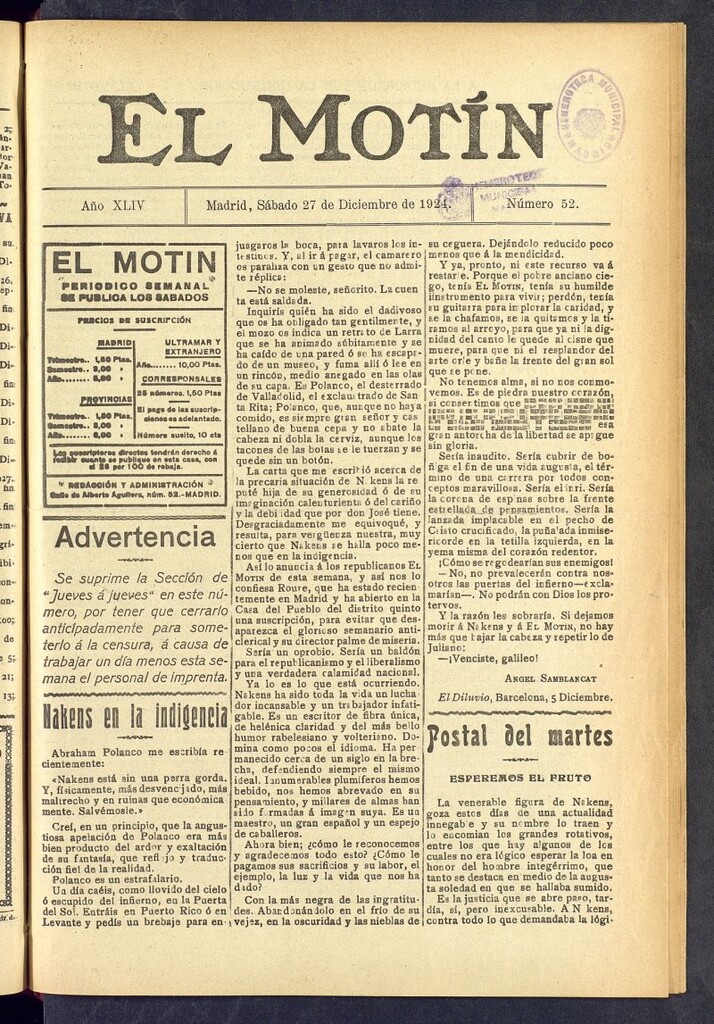 Miniatura de El Motín : periódico satírico semanal  del 27 de diciembre de 1924, nº 52