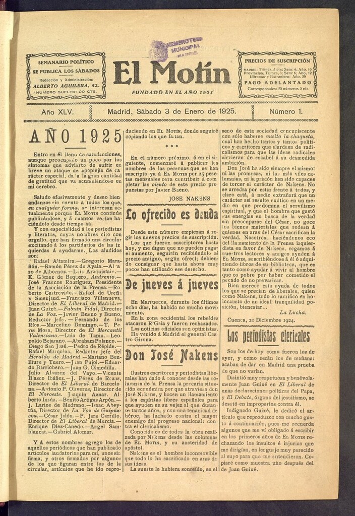 Miniatura de El Motín : periódico satírico semanal del 3 de enero de 1925, nº 1