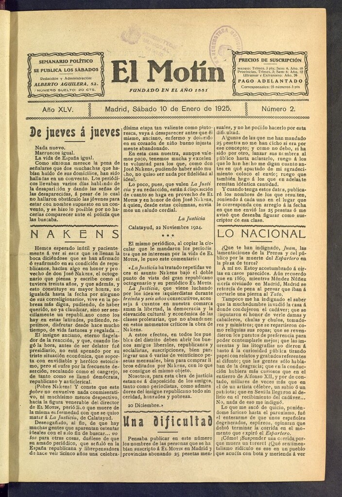Miniatura de El Motín : periódico satírico semanal del 10 de enero de 1925, nº 2