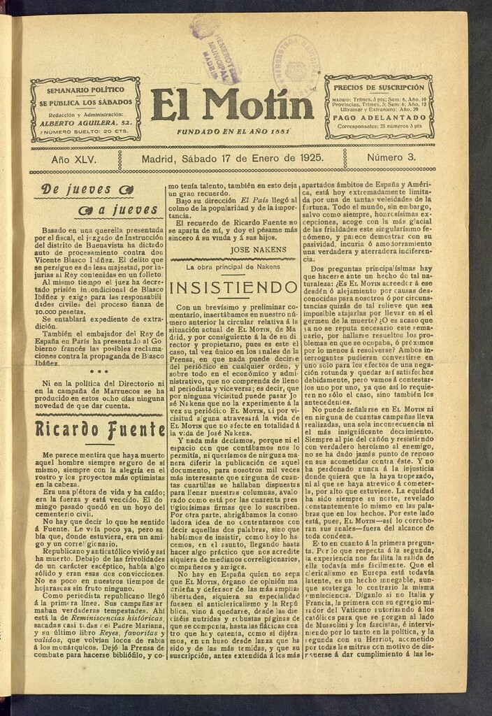 Miniatura de El Motín : periódico satírico semanal del 17 de enero de 1925, nº 3