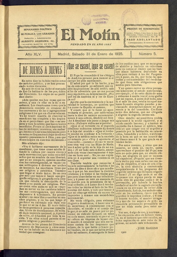 Miniatura de El Motín : periódico satírico semanal del 31 de enero de 1925, nº 5