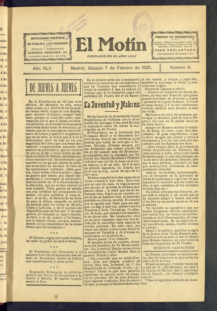 Miniatura de El Motín : periódico satírico semanal del 7 de febrero de 1925, nº 6