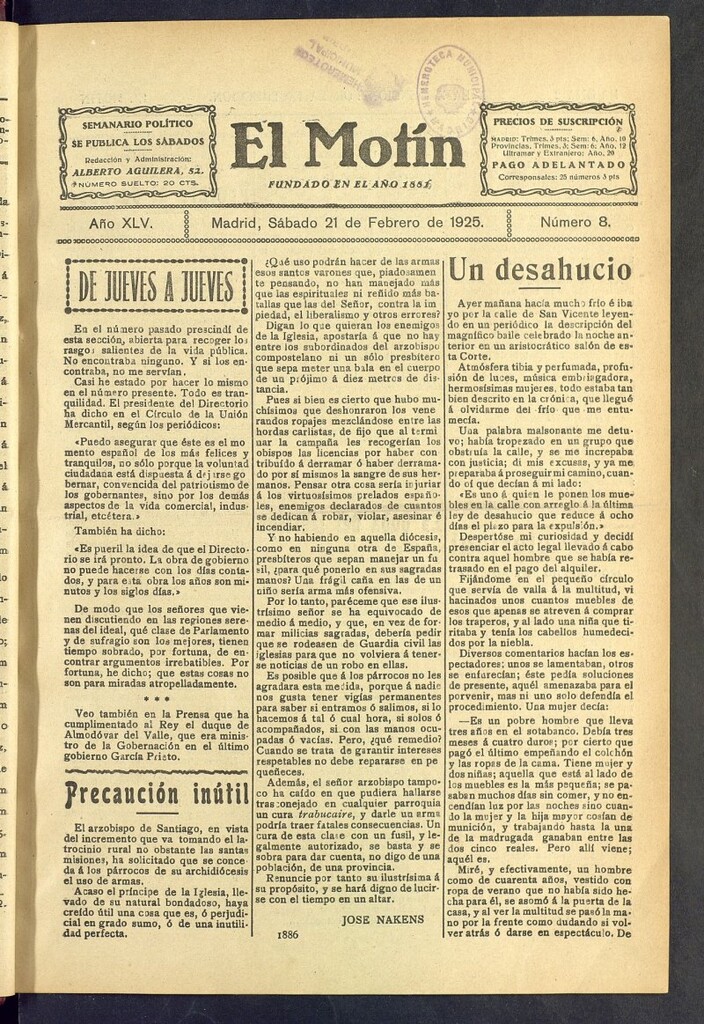 Miniatura de El Motín : periódico satírico semanal del 21 de febrero de 1925, nº 8