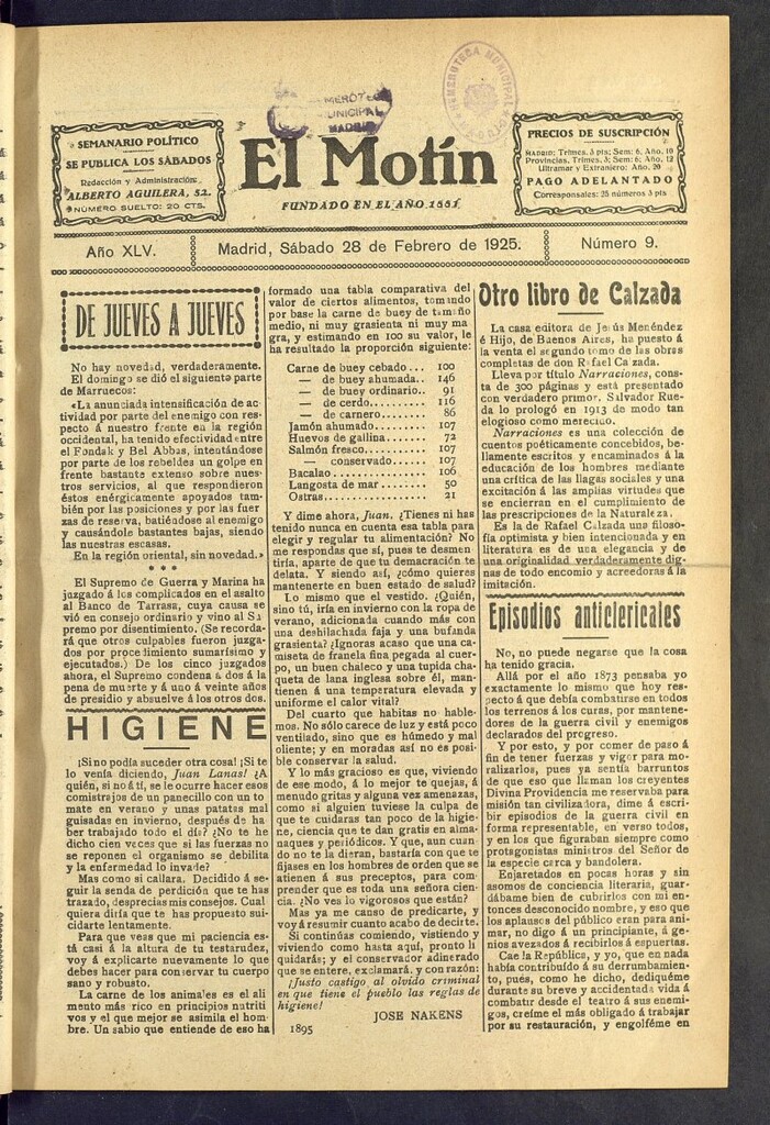 Miniatura de El Motín : periódico satírico semanal  del 28 de febrero de 1925, nº 9