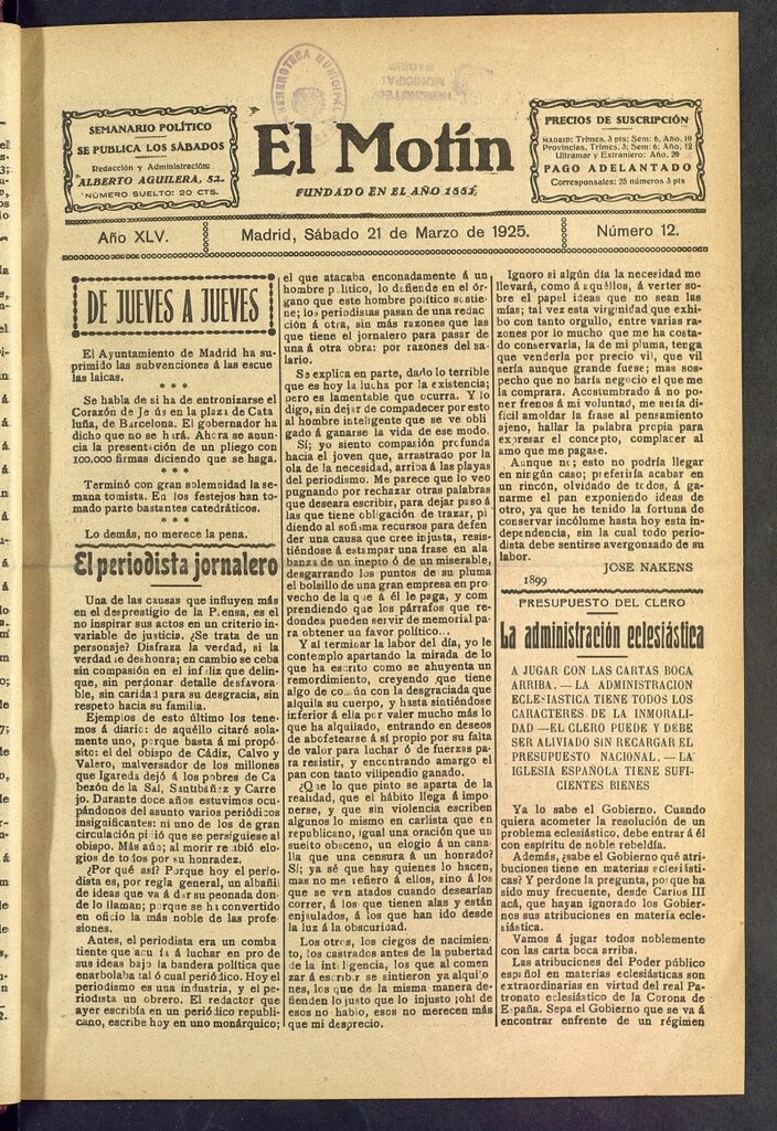 Miniatura de El Motín : periódico satírico semanal del 21 de marzo de 1925, nº 12
