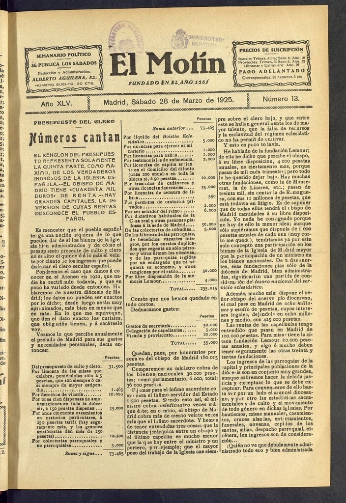 Miniatura de El Motín : periódico satírico semanal del 28 de marzo de 1925, nº 13.