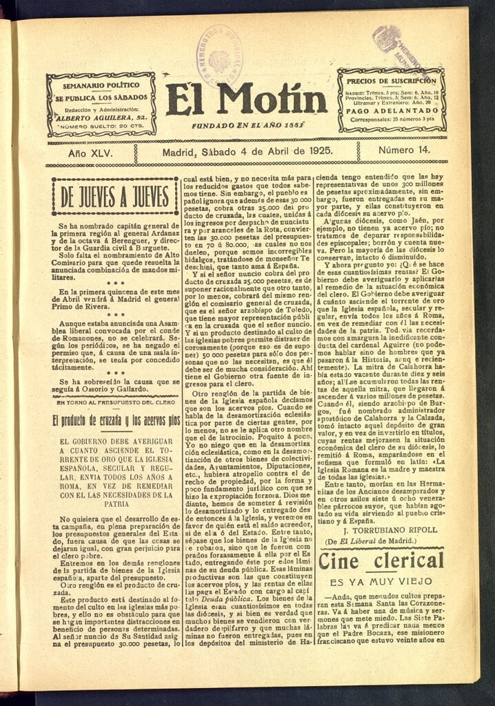 Miniatura de El Motín : periódico satírico semanal del 4 de abril de 1925, nº 14