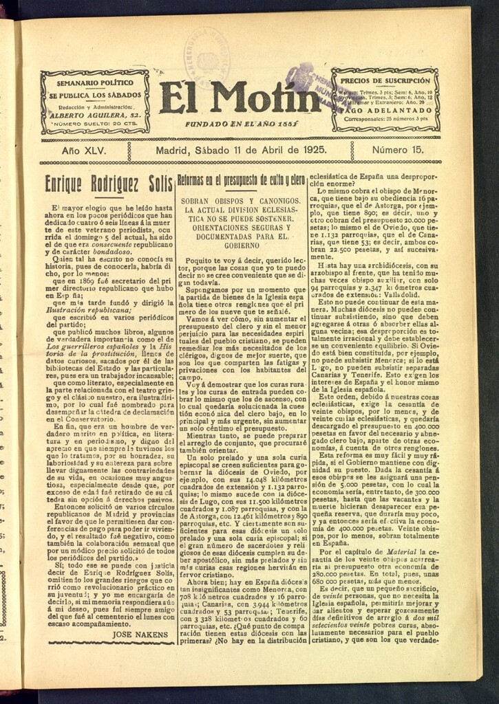 Miniatura de El Motín : periódico satírico semanal del 11 de abril de 1925, nº 15