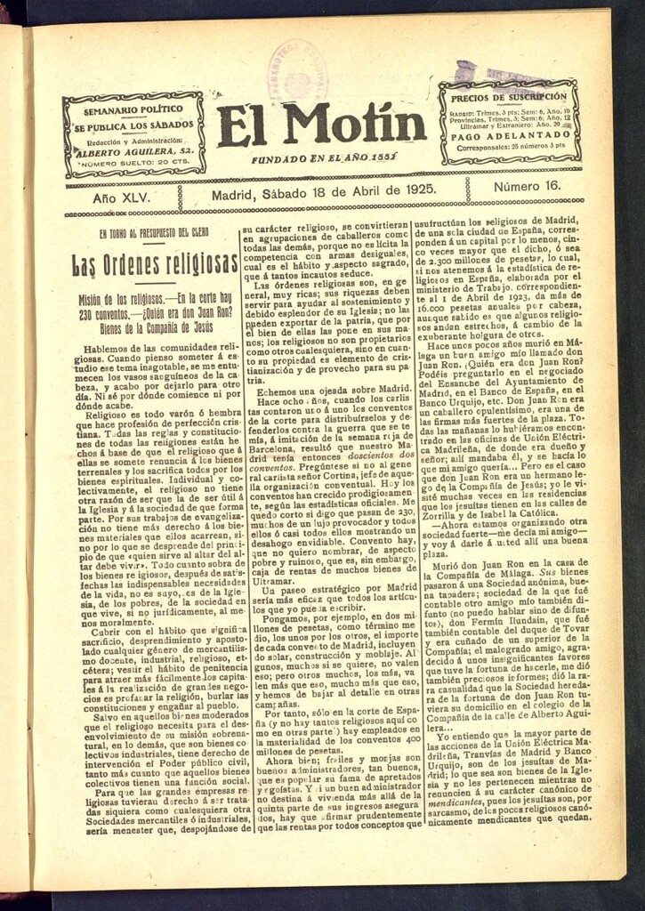 Miniatura de El Motín : periódico satírico semanal del 18 de abril de 1925, nº 16