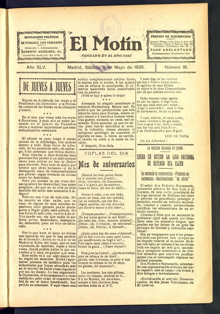 Miniatura de El Motín : periódico satírico semanal del 2 de mayo de 1925, nº 18