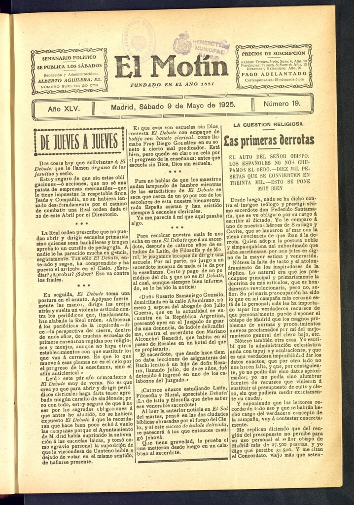 Miniatura de El Motín : periódico satírico semanal del 9 de mayo de 1925, nº 19