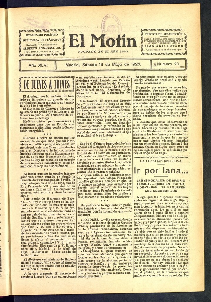 Miniatura de El Motín : periódico satírico semanal del 16 de mayo de 1925, nº 20