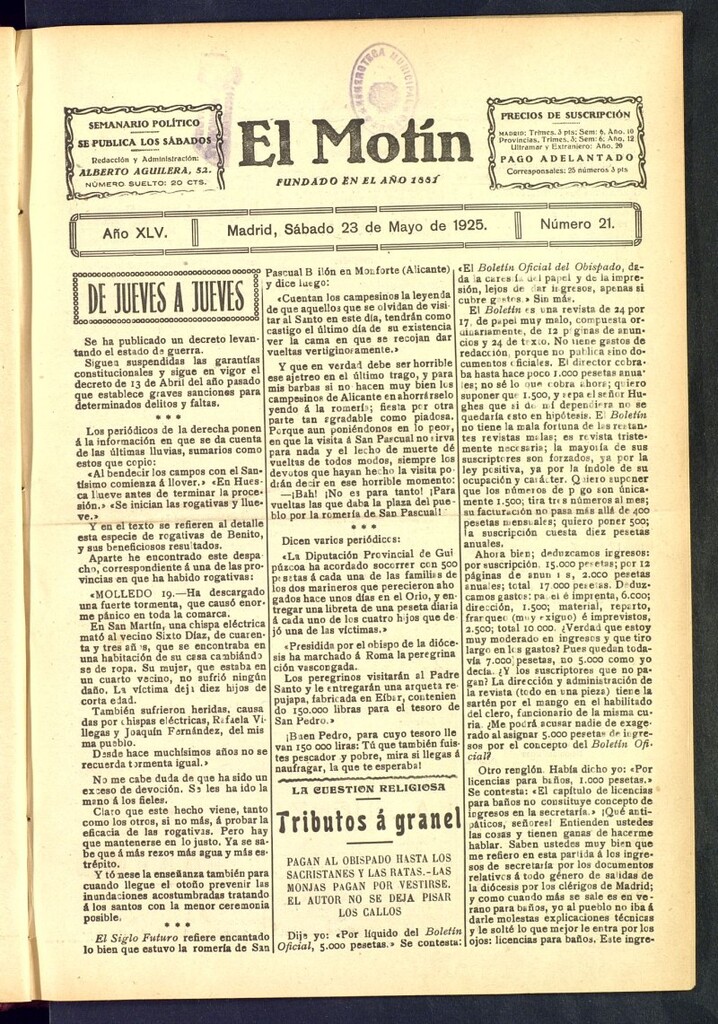 Miniatura de El Motín : periódico satírico semanal del 23 de mayo de 1925, nº 21