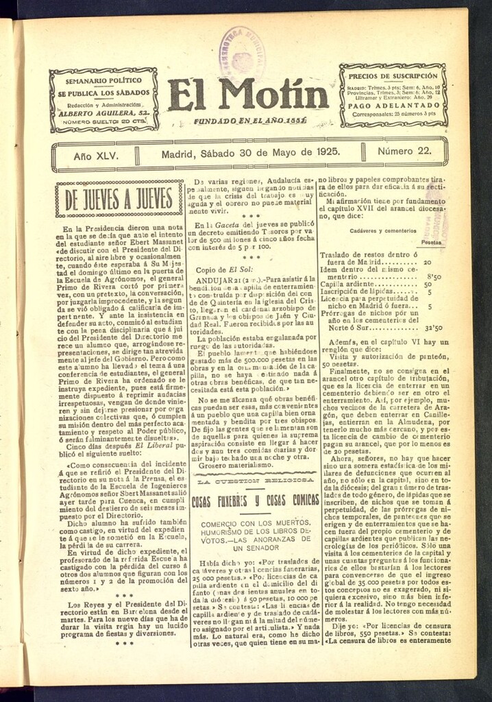 Miniatura de El Motín : periódico satírico semanal  del 30 de mayo de 1925, nº 22