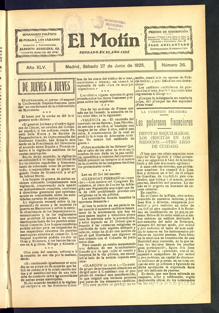 Miniatura de El Motín : periódico satírico semanal del 27 de junio de 1925, nº 26