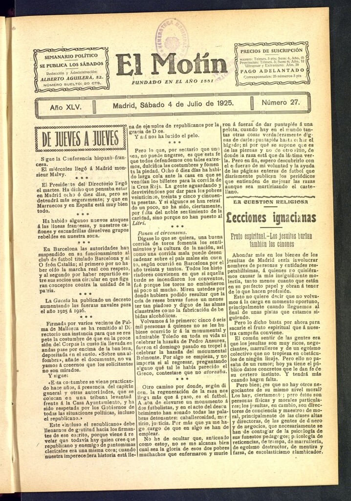 Miniatura de El Motín : periódico satírico semanal del 4 de julio de 1925, nº 27