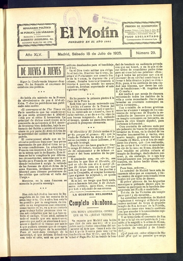 Miniatura de El Motín : periódico satírico semanal del 18 de julio de 1925, nº 29