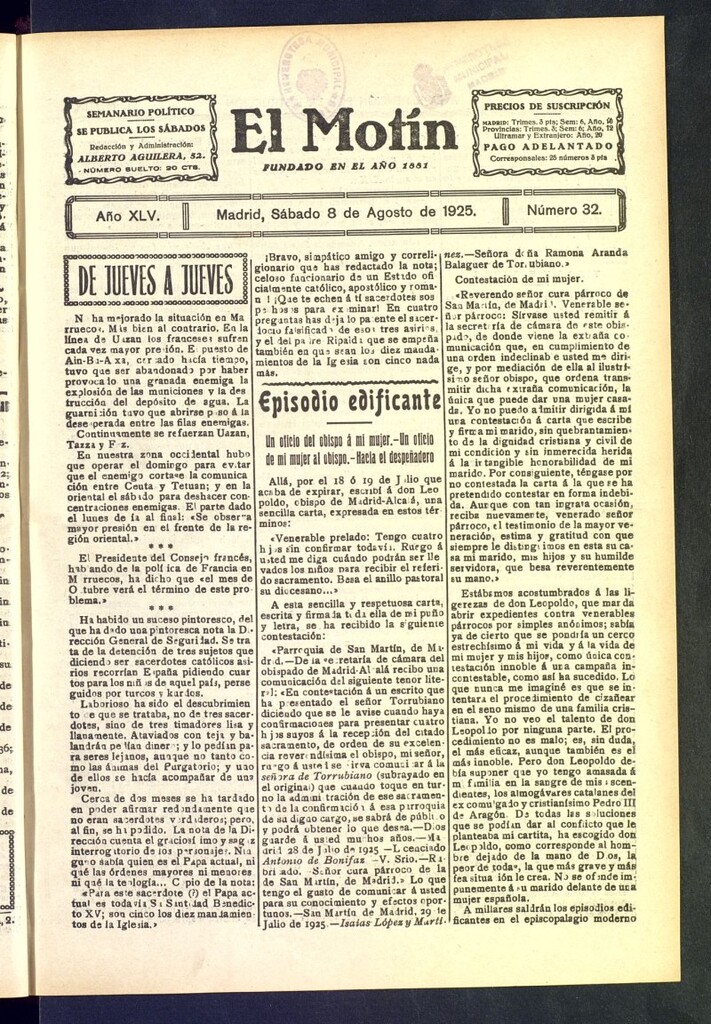 Miniatura de El Motín : periódico satírico semanal del 8 de agosto de 1925, nº 32