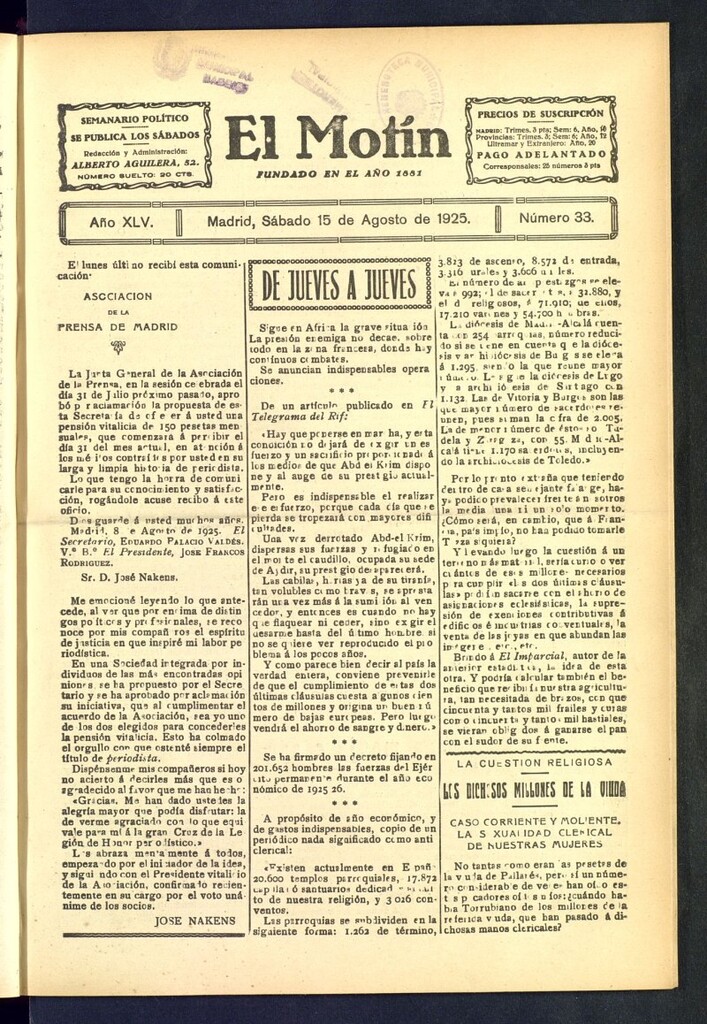Miniatura de El Motín : periódico satírico semanal del 15 de agosto de 1925, nº 33
