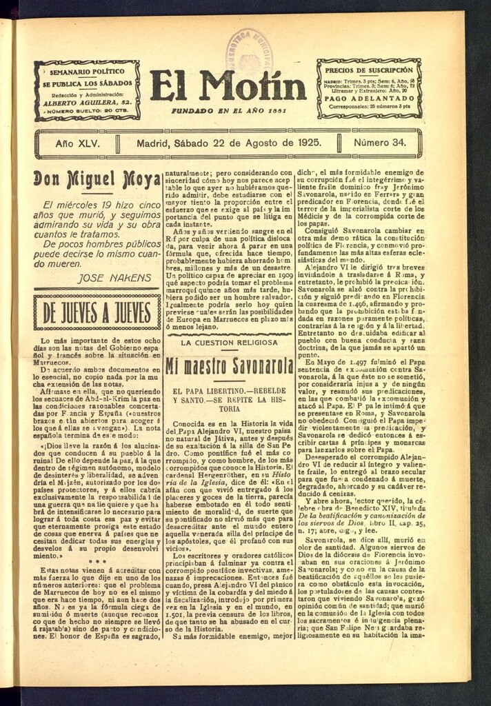 Miniatura de El Motín : periódico satírico semanal del 22 de agosto de 1925, nº 34