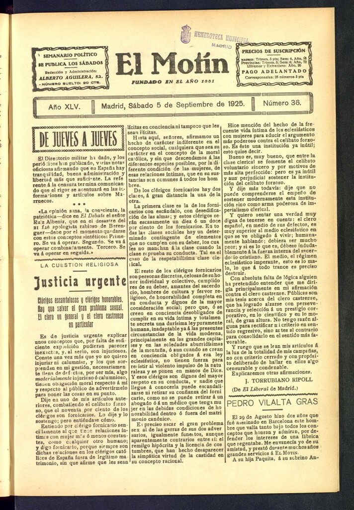 Miniatura de El Motín : periódico satírico semanal del 5 de septiembre de 1925, nº 36