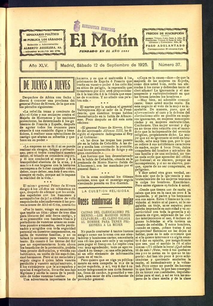 Miniatura de El Motín : periódico satírico semanal del 12 de septiembre de 1925, nº 37