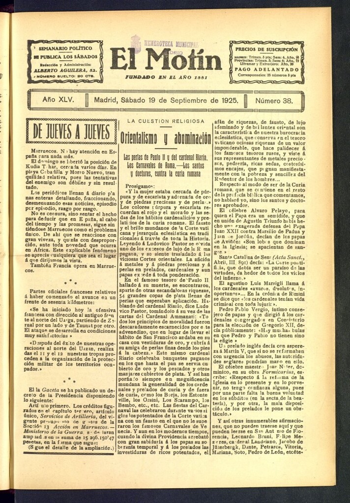 Miniatura de El Motín : periódico satírico semanal del 19 de septiembre de 1925, nº 38