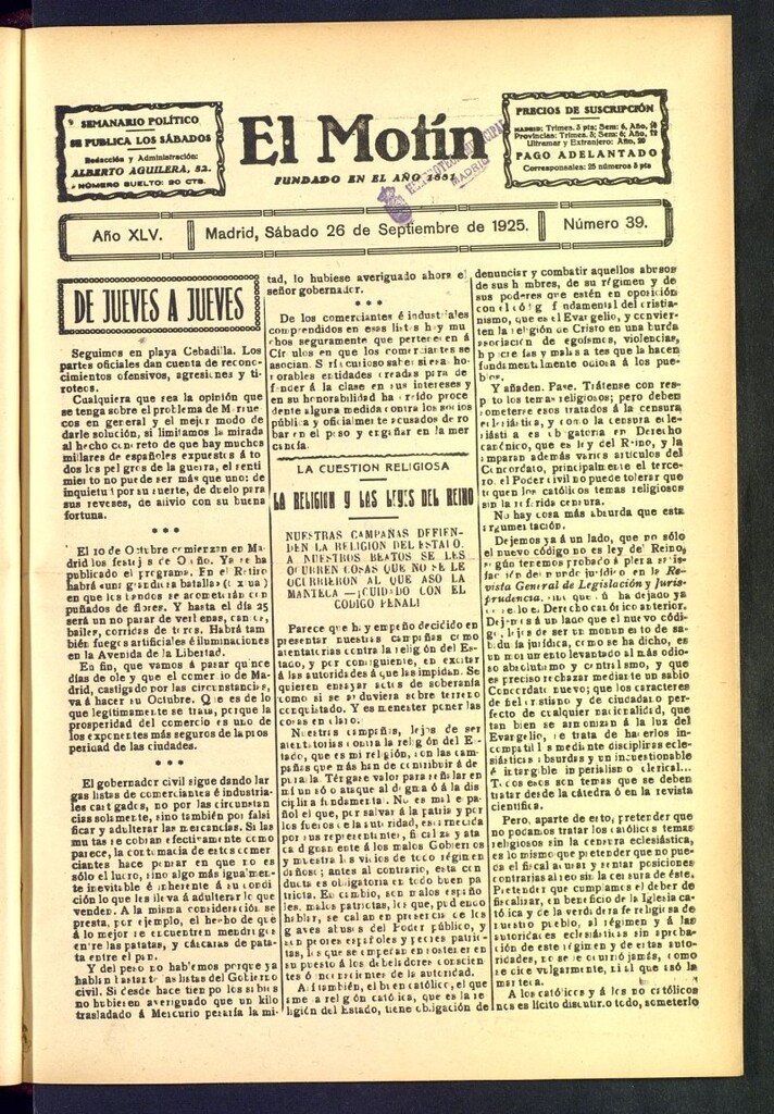 Miniatura de El Motín : periódico satírico semanal del 26 de septiembre de 1925, nº 39