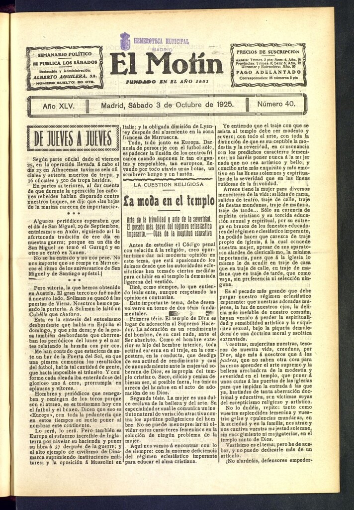 Miniatura de El Motín : periódico satírico semanal del 3 de octubre de 1925, nº 40